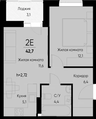 Планировка 2-комн. квартира, 42.7 м² ЖК «Васильевский остров»