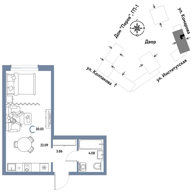 Планировка Студия, 30.03 м² ЖК «Страна.Парковая»