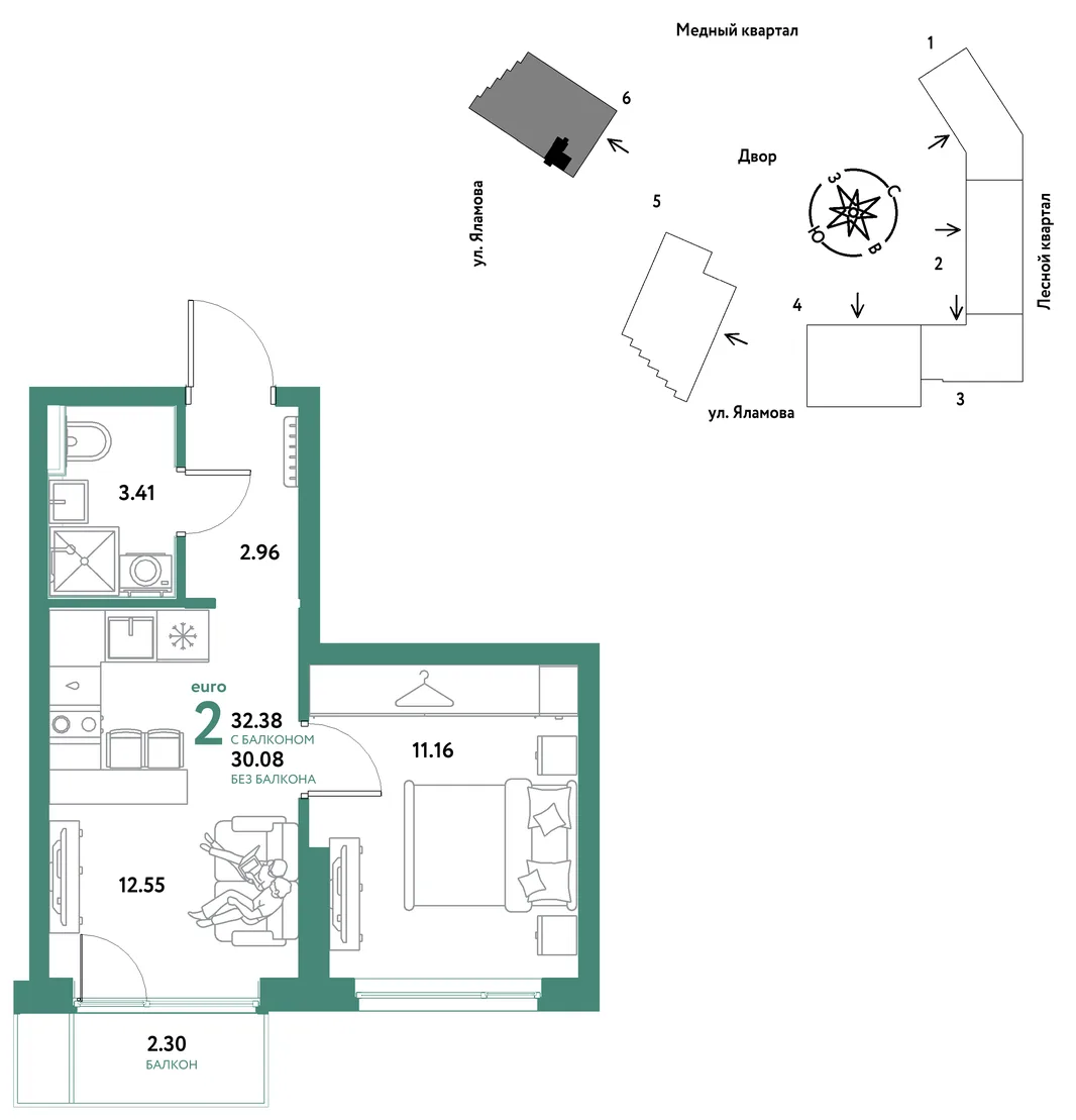 Планировка 2-комн. квартира, 32.38 м² ЖК «Сибирский сад»