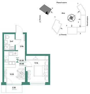 Планировка 2-комн. квартира, 32.38 м² ЖК «Сибирский сад»