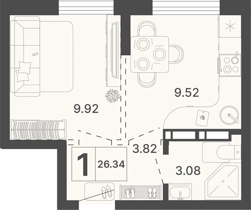 Планировка 1-комн. квартира, 26.34 м² ЖК «Светский лес»
