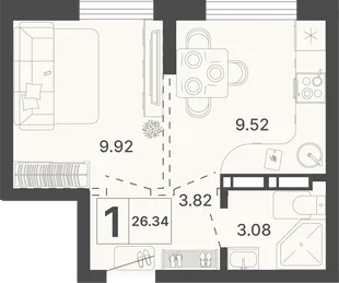 Планировка 1-комн. квартира, 26.34 м² ЖК «Светский лес»