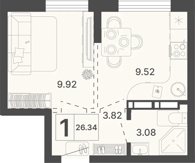Планировка 1-комн. квартира, 26.34 м² ЖК «Светский лес»