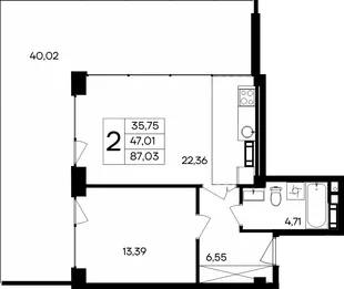 Планировка 2-комн. квартира, 87.03 м² Курортный кластер «САГА»