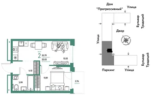 Планировка 2-комн. квартира, 35.79 м² ЖК «Микрорайон Домашний»