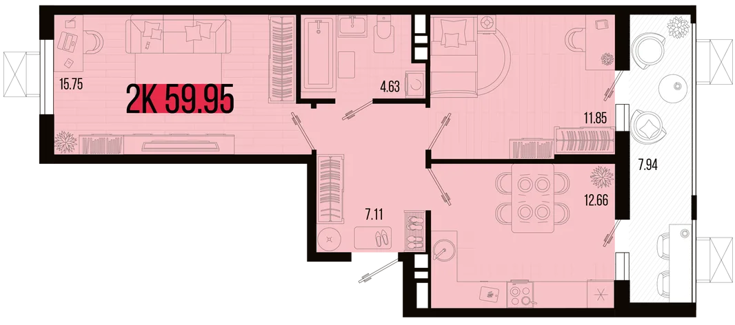 Планировка 2-комн. квартира, 55.98 м² ЖК «Цветной бульвар»