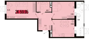 Планировка 2-комн. квартира, 55.98 м² ЖК «Цветной бульвар»