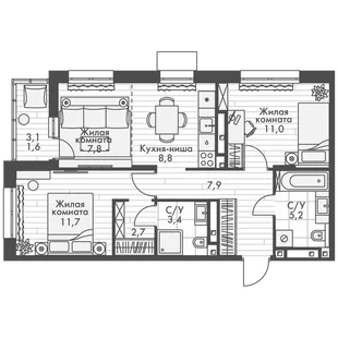 Квартира 3-комн. квартира, 60.6 м² ЖК «ФоРест» Фото 1 Квартира 3-комн. квартира, 60.6 м² ЖК «ФоРест» Фото 1