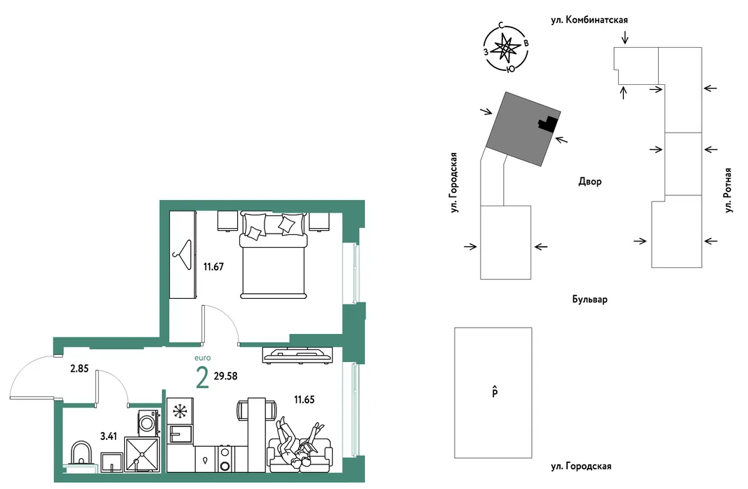 Планировка 2-комн. квартира, 29.58 м² ЖК «Уральский сад»