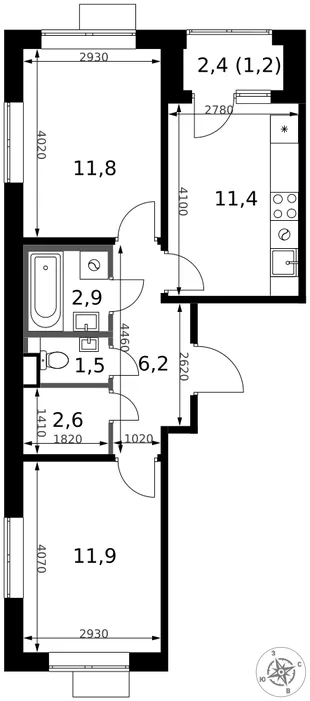 Планировка 2-комн. квартира, 49.5 м² ЖК «1-й Химкинский»