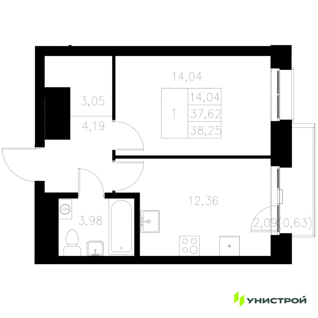 Планировка 1-комн. квартира, 38.25 м² ЖК «Statum»