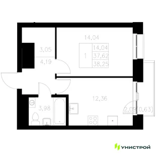Планировка 1-комн. квартира, 38.25 м² ЖК «Statum»