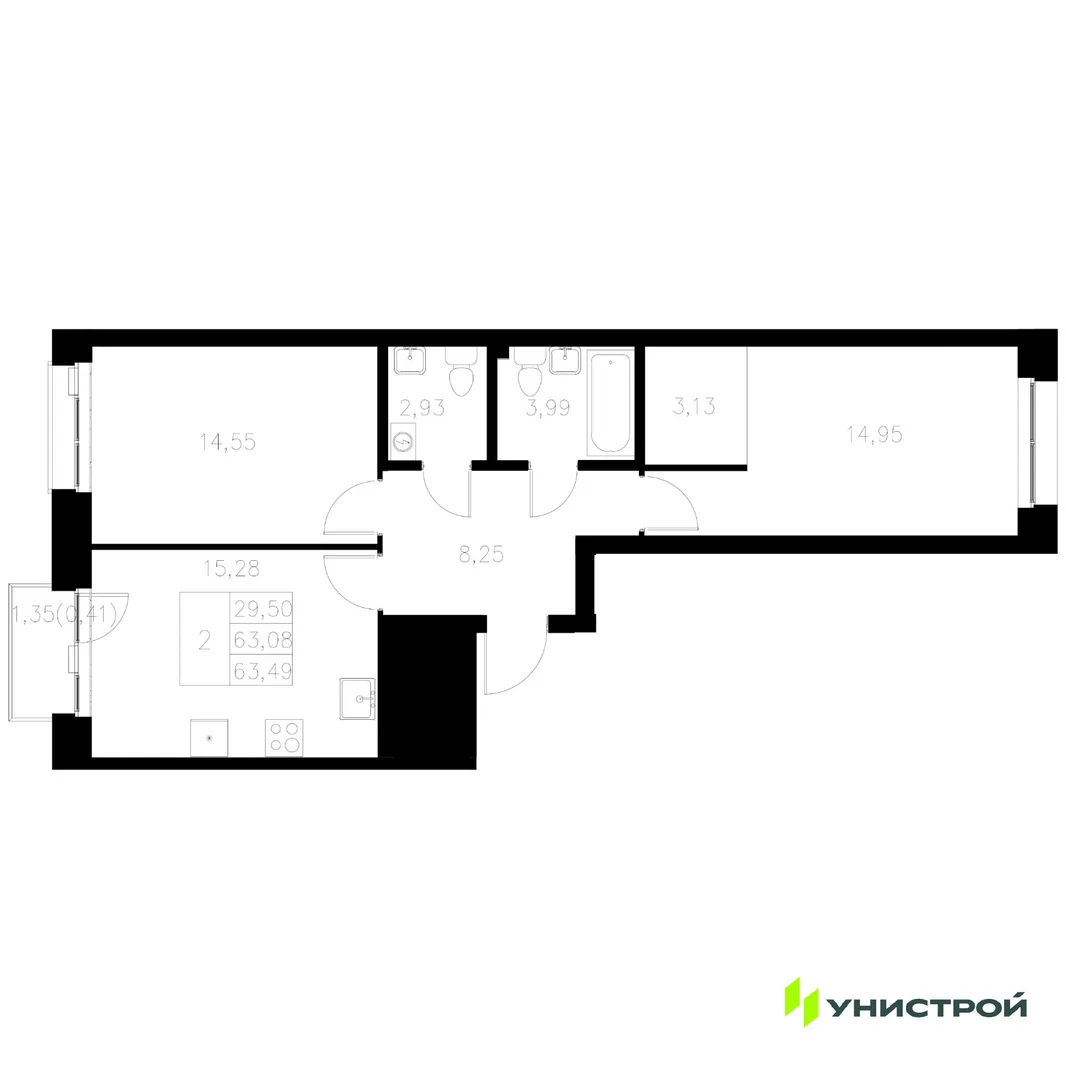 Планировка 2-комн. квартира, 63.49 м² ЖК «Statum»