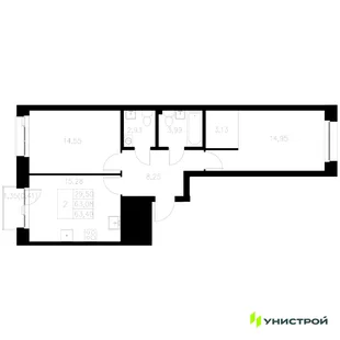 Планировка 2-комн. квартира, 63.49 м² ЖК «Statum»