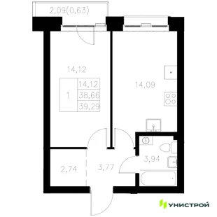 Планировка 1-комн. квартира, 39.29 м² ЖК «Statum»