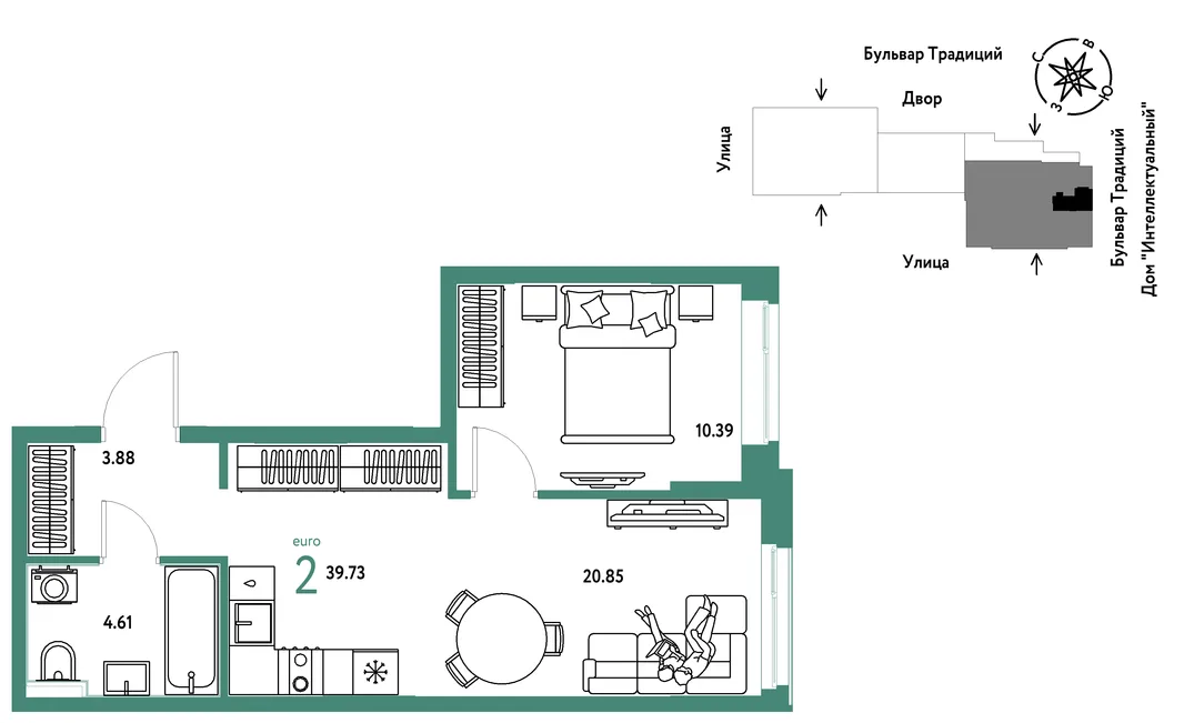 Планировка 2-комн. квартира, 39.73 м² ЖК «Микрорайон Домашний»