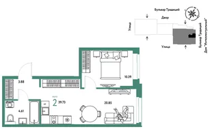 Планировка 2-комн. квартира, 39.73 м² ЖК «Микрорайон Домашний»