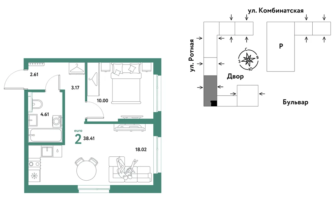 Планировка 2-комн. квартира, 38.12 м² ЖК «Уральский сад»