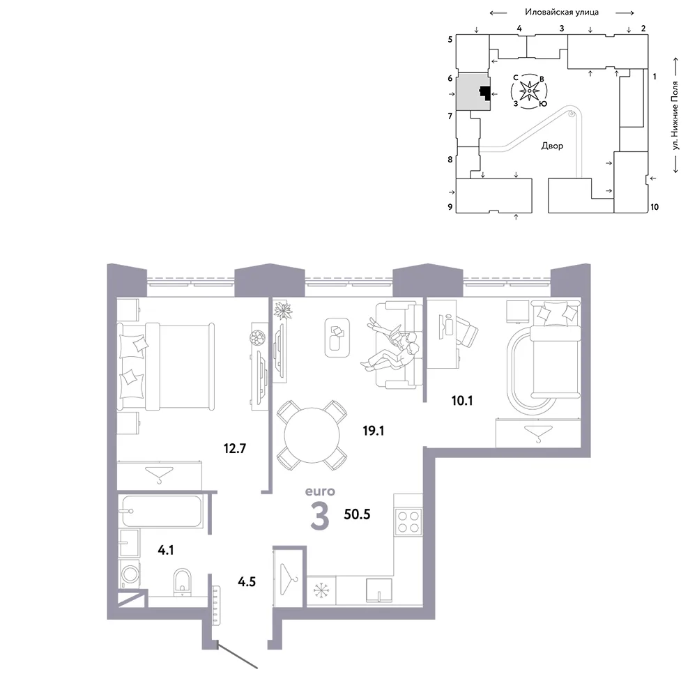 Планировка 3-комн. квартира, 50.5 м² ЖК «Страна.Заречная»