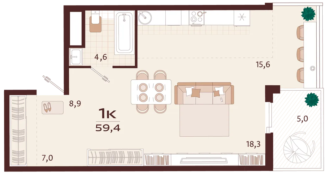 Планировка 1-комн. квартира, 59.4 м² ЖК «Роялта»