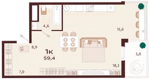 Планировка 1-комн. квартира, 59.4 м² ЖК «Роялта»