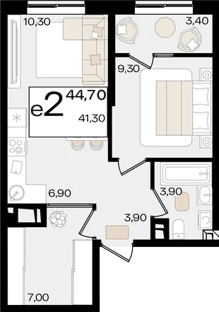Планировка 2-комн. квартира, 44.7 м² ЖК «Патрики»