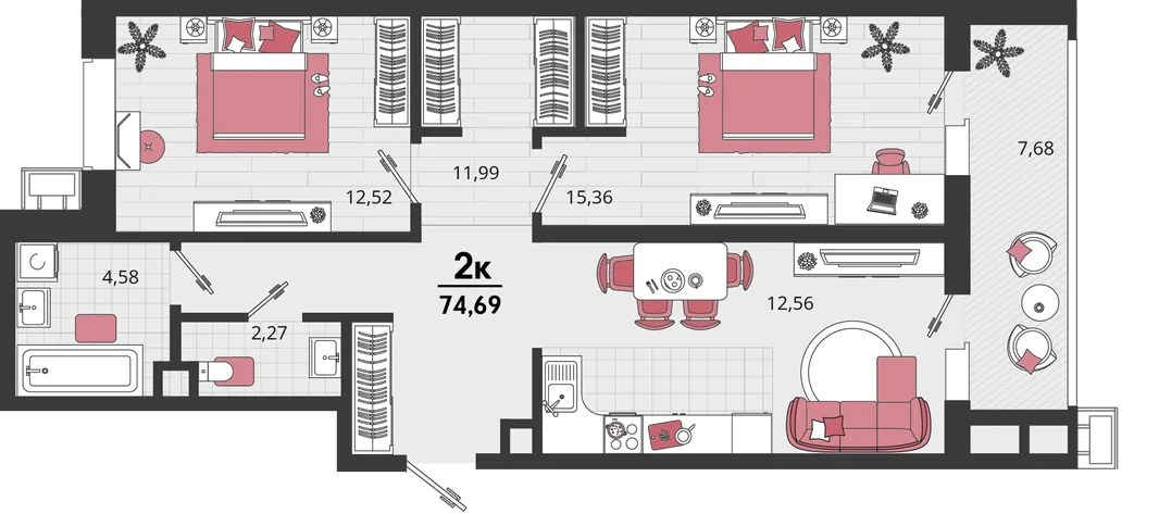 Планировка 3-комн. квартира, 74.69 м² ЖК «Родные просторы»