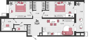 Планировка 3-комн. квартира, 74.69 м² ЖК «Родные просторы»