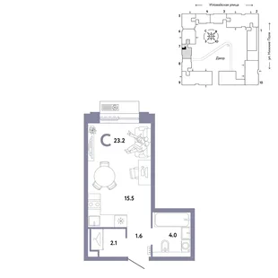 Планировка Студия, 23.2 м² ЖК «Страна.Заречная»