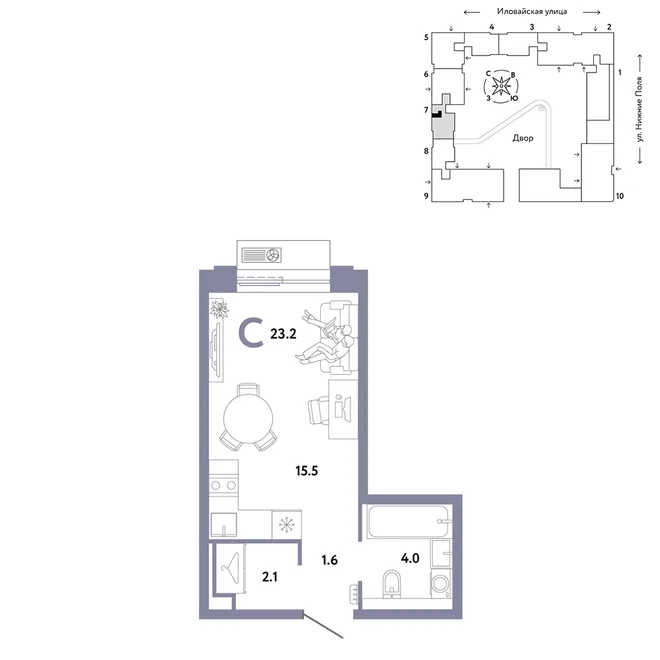 Планировка Студия, 23.2 м² ЖК «Страна.Заречная» Планировка Студия, 23.2 м² ЖК «Страна.Заречная»