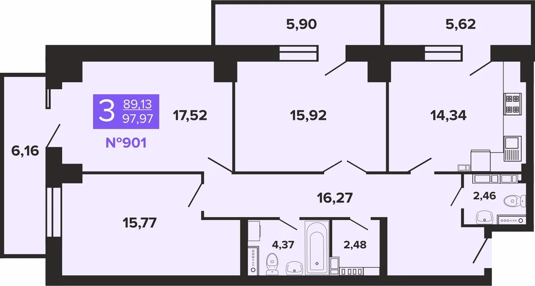Планировка 3-комн. квартира, 97.97 м² ЖК «Художники»