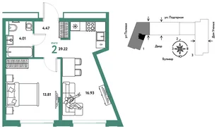 Планировка 2-комн. квартира, 39.31 м² ЖК «Авторский»