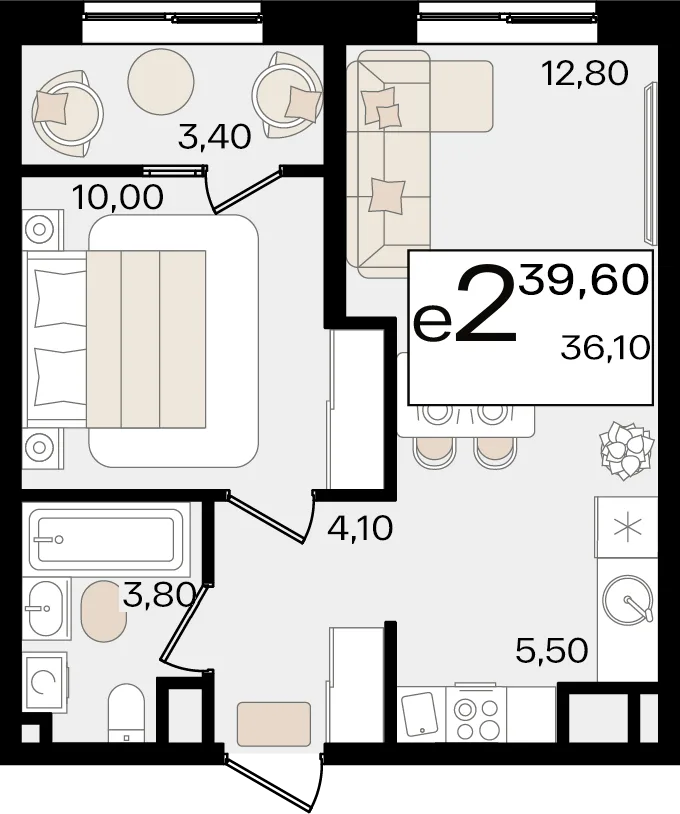 Планировка 2-комн. квартира, 39.6 м² ЖК «Патрики»