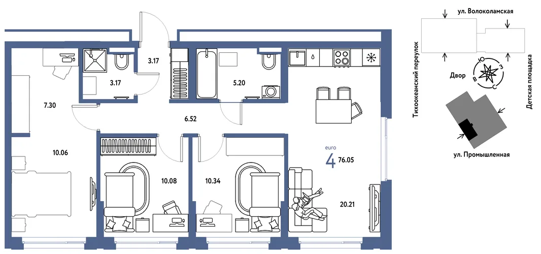 Планировка 4-комн. квартира, 76.05 м² ЖК «Страна Прибрежная»