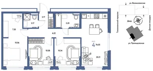 Планировка 4-комн. квартира, 76.05 м² ЖК «Страна Прибрежная»
