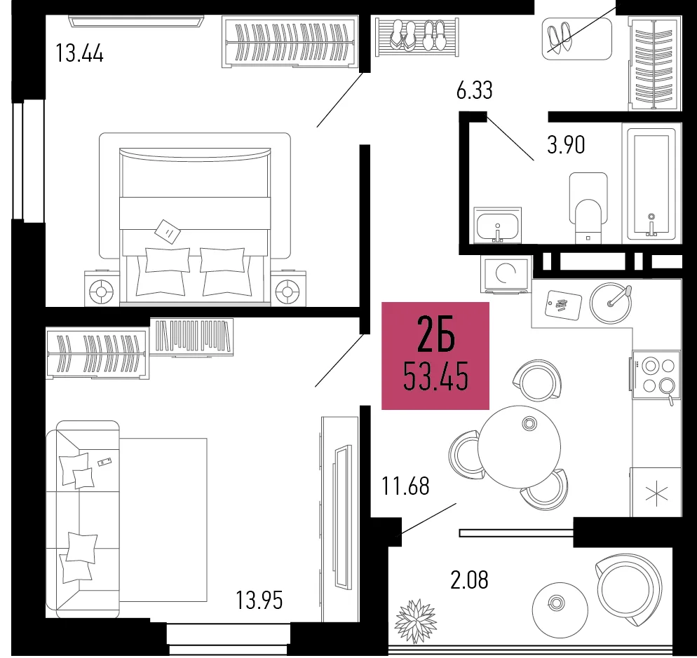 Планировка 2-комн. квартира, 53.45 м² ЖК «Столицыно»
