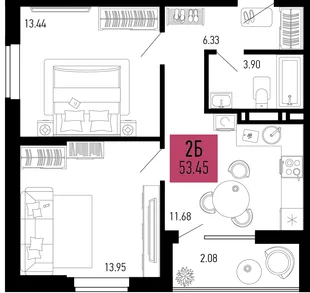Планировка 2-комн. квартира, 53.45 м² ЖК «Столицыно»