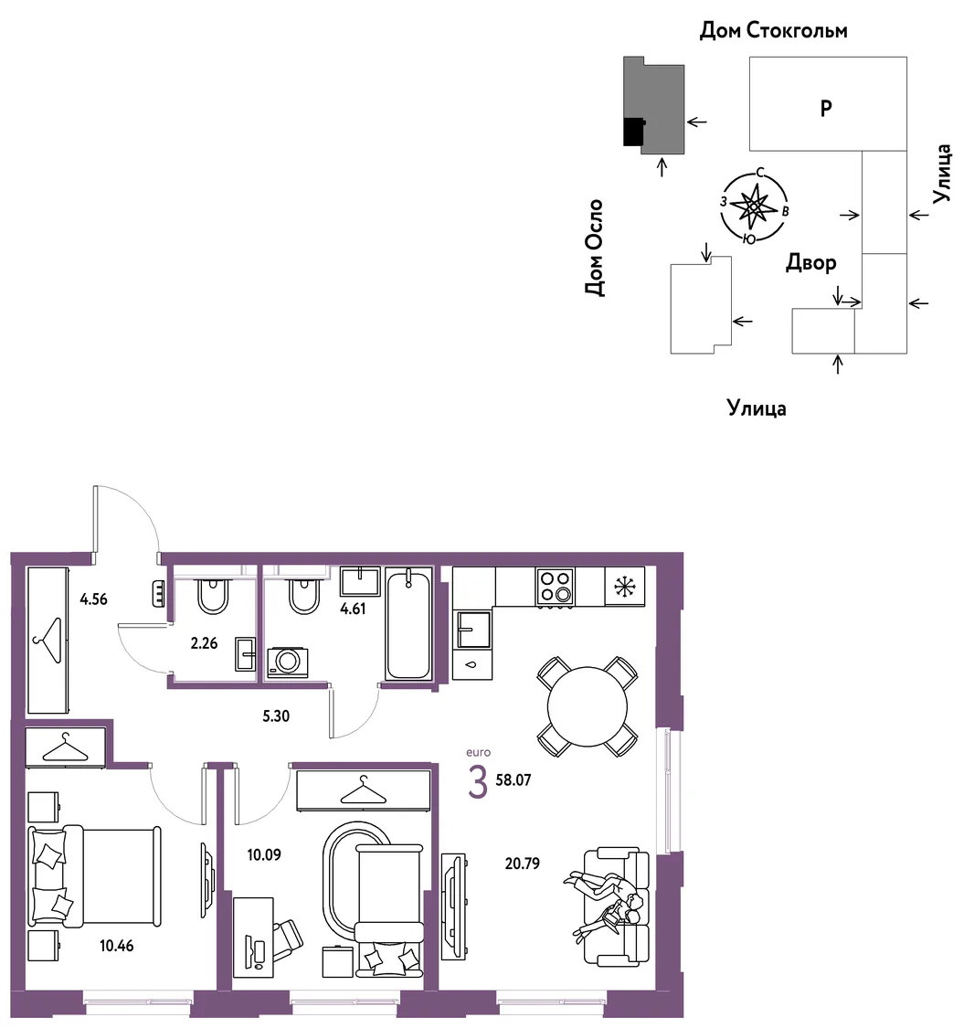 Планировка 3-комн. квартира, 58.07 м² ЖК «Европейский берег 2.0»
