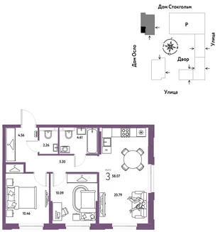 Планировка 3-комн. квартира, 58.07 м² ЖК «Европейский берег 2.0»