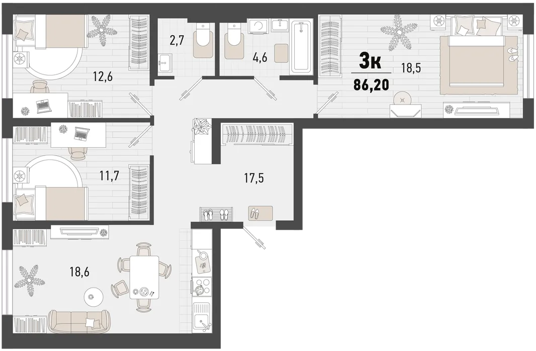 Планировка 3-комн. квартира, 86.2 м² ЖК «Барса»