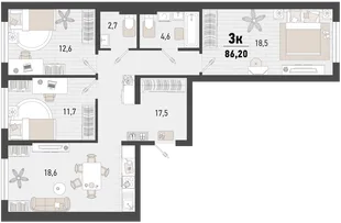 Планировка 3-комн. квартира, 86.2 м² ЖК «Барса»