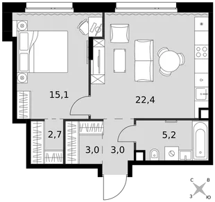 Квартира 2-комн. квартира, 51.4 м² ЖК «Симоновский Вал» Фото 1 Квартира 2-комн. квартира, 51.4 м² ЖК «Симоновский Вал» Фото 1