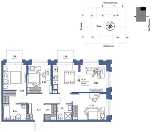 Планировка 4-комн. квартира, 77.76 м² ЖК «Европейский берег 2.0»
