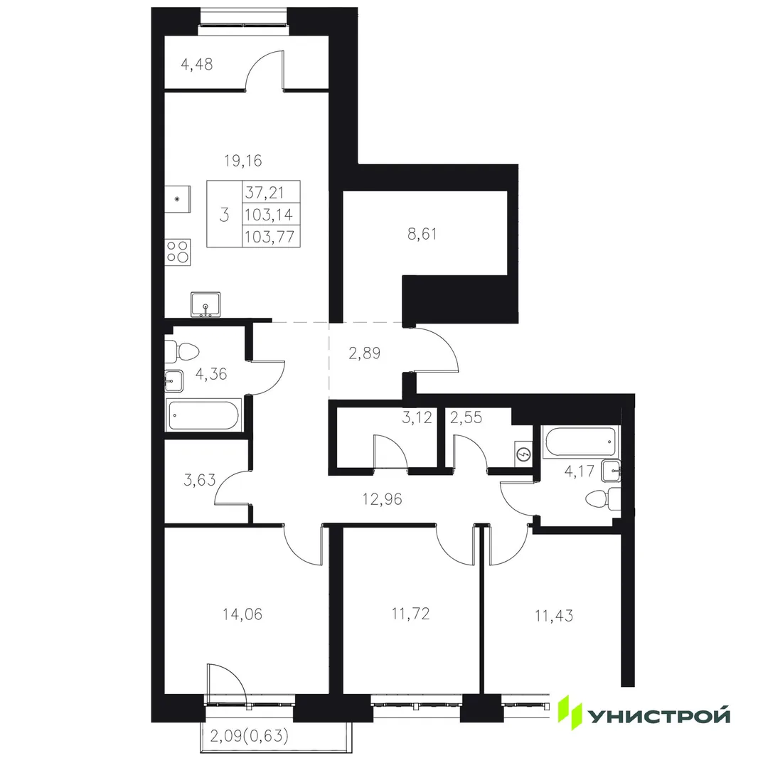 Планировка 3-комн. квартира, 103.77 м² ЖК «Statum»