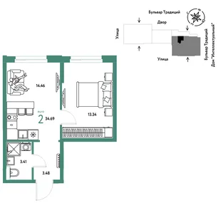 Планировка 2-комн. квартира, 34.69 м² ЖК «Микрорайон Домашний»