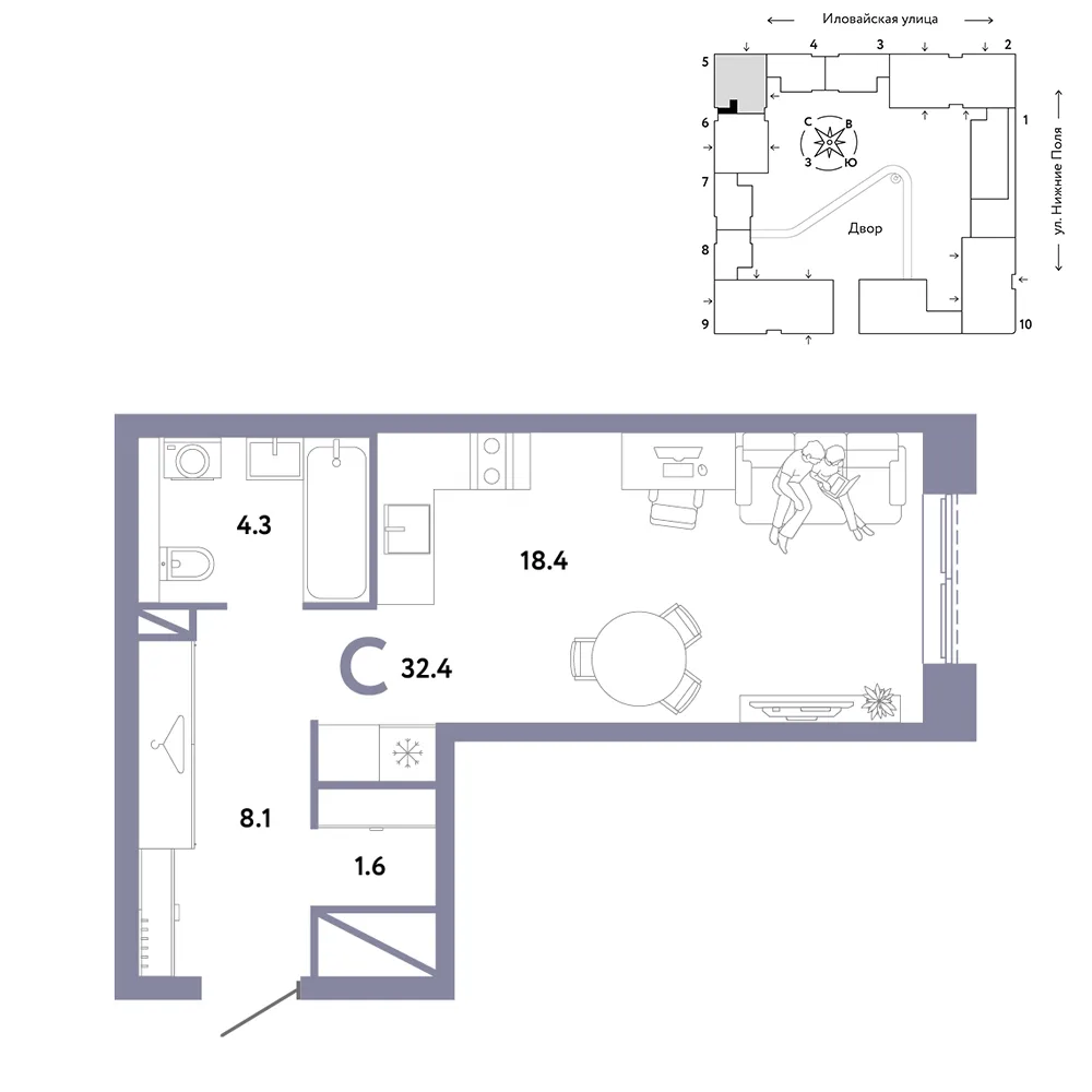 Планировка Студия, 32.4 м² ЖК «Страна.Заречная»