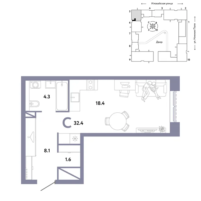 Планировка Студия, 32.4 м² ЖК «Страна.Заречная» Планировка Студия, 32.4 м² ЖК «Страна.Заречная»