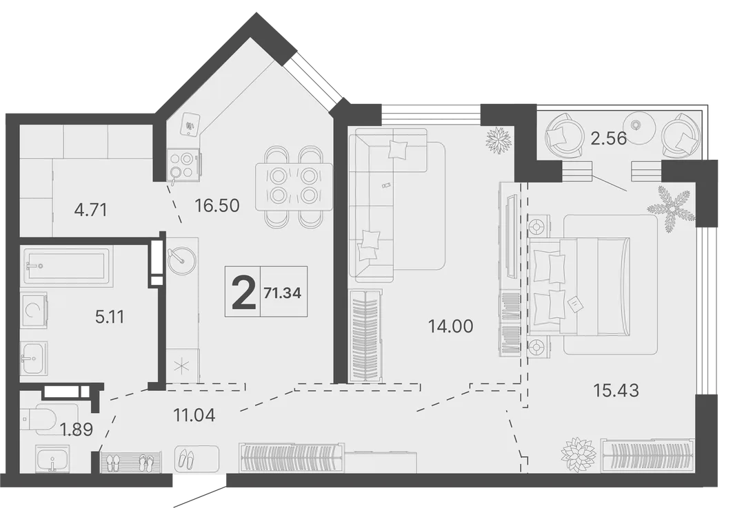 Планировка 2-комн. квартира, 71.34 м² ЖК «Светский лес»