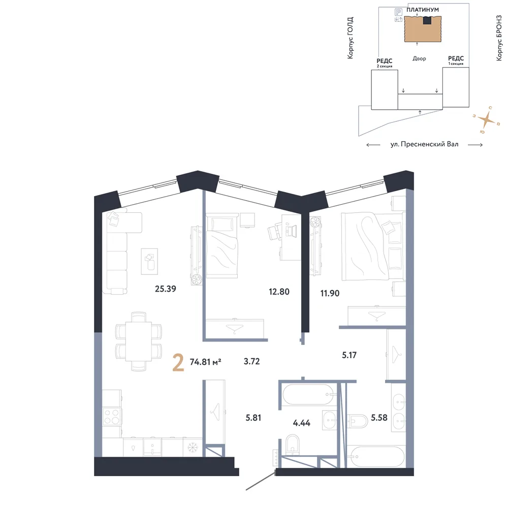 Планировка 2-комн. квартира, 74.81 м² ЖК «Репаблик»