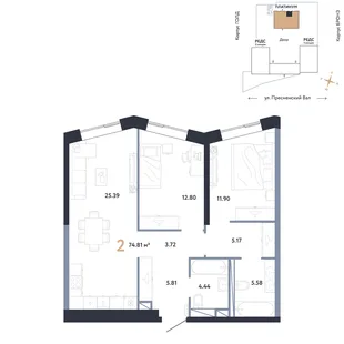 Планировка 2-комн. квартира, 74.81 м² ЖК «Репаблик»